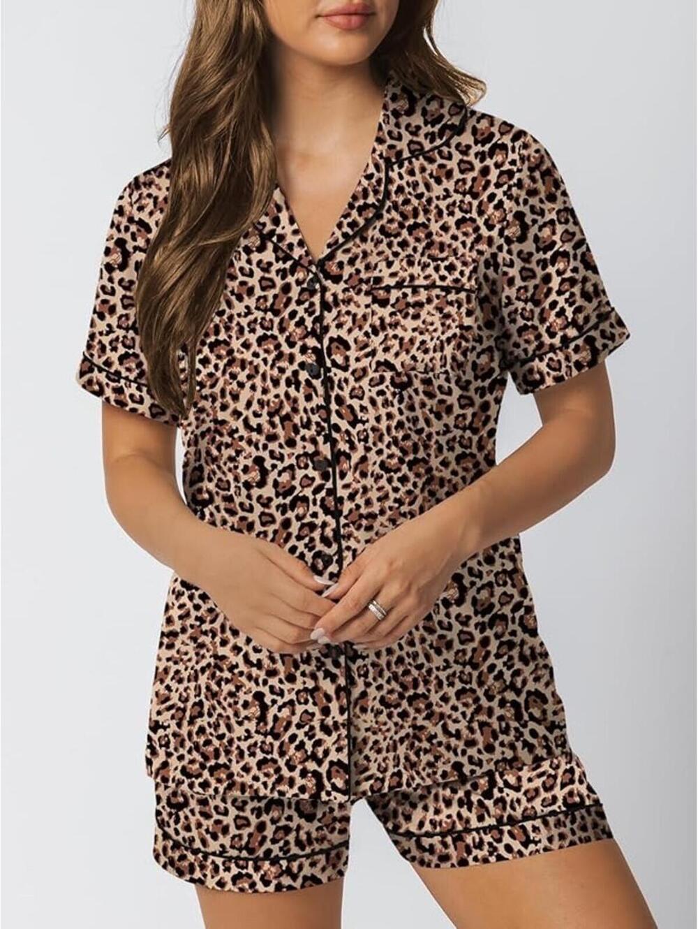 Leopard Print Short Sleeve Pajama Set - Soft Lightweight Sleepwear, Size S
